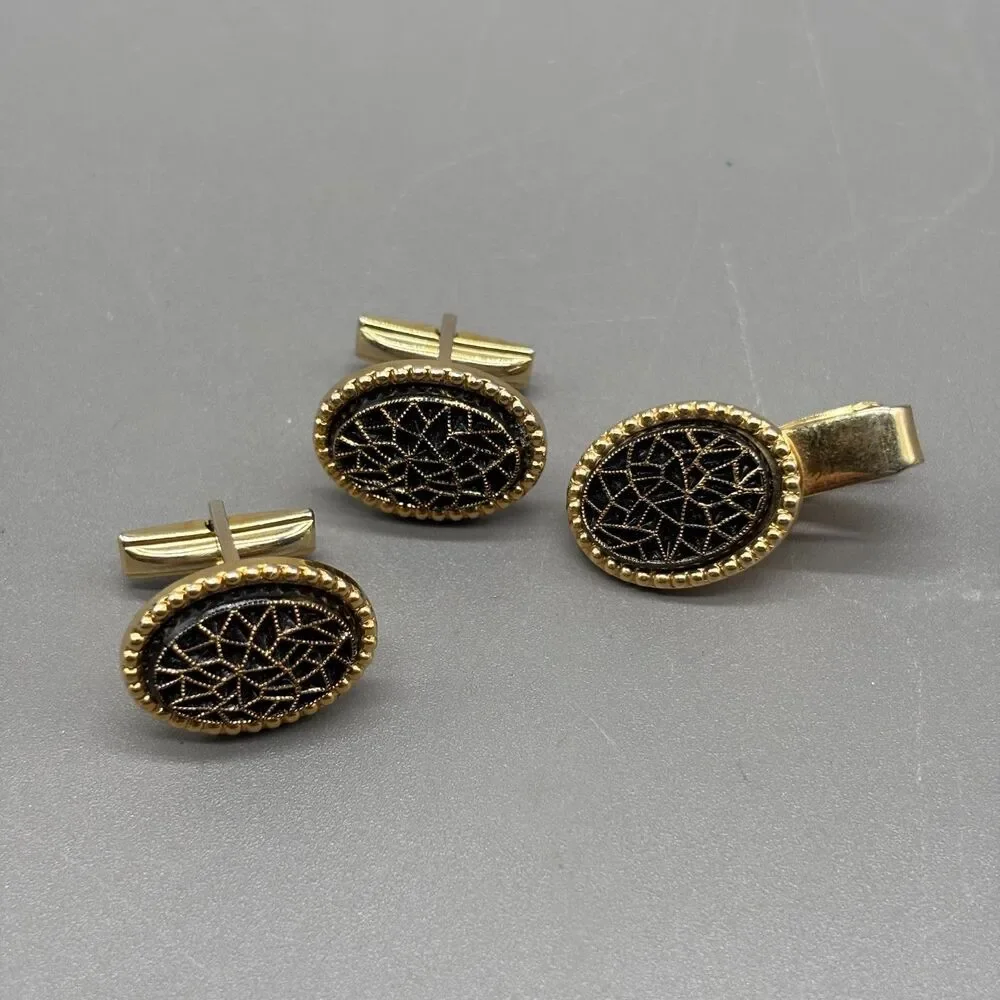 Vintage Emmons Cufflinks Tie Clip Set Black Gold Tone MCM Geometric Oval 1960s